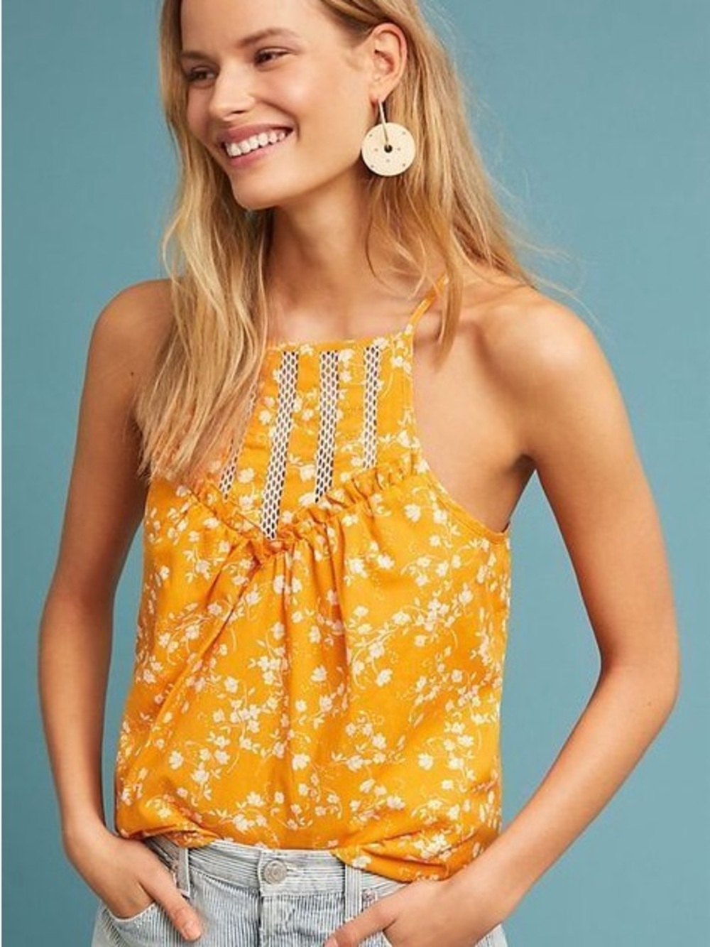 Anthropologie Golden Yellow Floral Halter Camisole Size S